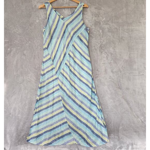 J Jill Linen Dress Womens Medium Petite Long Maxi Love Blue Diagonal Striped PM - Picture 6 of 12